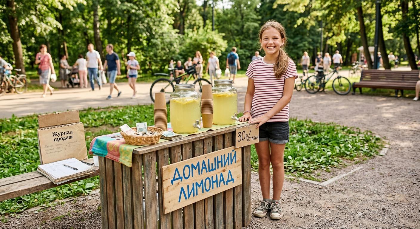 Ребёнок у собственного стенда с лимонадом в парке